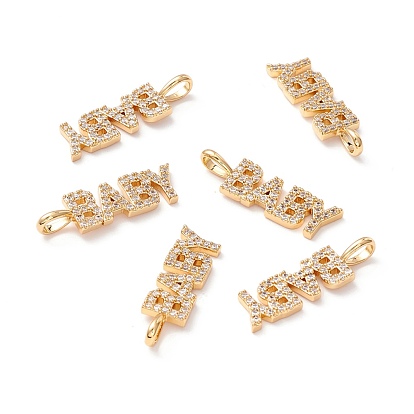 Brass Micro Pave Clear Cubic Zirconia Pendants, Long-Lasting Plated, Lead Free & Cadmium Free & Nickel Free, Baby Word Shape, Children's Day