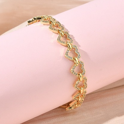 Браслет из звеньев сердца из прозрачного кубического циркония, украшения из латуни для женщин, без кадмия и без свинца, долговечный, стойки покрытие