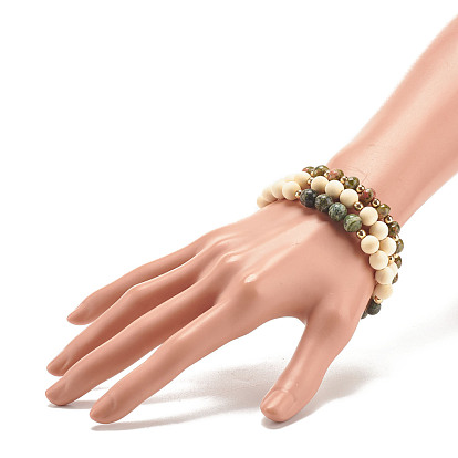 3Pcs 3 Style Natural Unakite & Wood  & Green Zebra Jasper Beaded Stretch Bracelets Set, Gemstone Jewelry for Women
