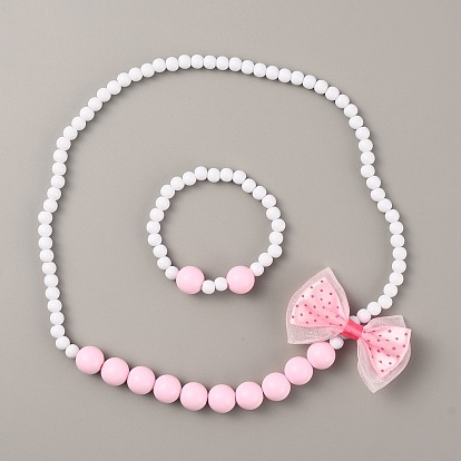 Ожерелье с подвеской в виде пластикового банта и эластичный браслет из круглых бусин, милый набор украшений для детей