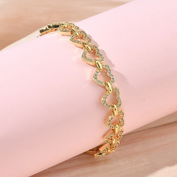 Браслет из звеньев сердца из прозрачного кубического циркония, украшения из латуни для женщин, без кадмия и без свинца, долговечный, стойки покрытие