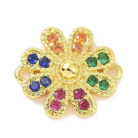Real 18K Gold Plated Brass Micro Pave Cubic Zirconia Connector Charms, Flower Links