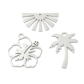 304 Stainless Steel Pendants, Laser Cut, Stainless Steel Color, Coconut Tree & Flower & Sun Charm