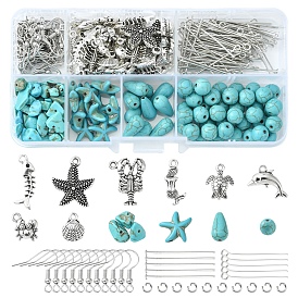 Kit de fabrication de boucles d'oreilles pendantes de style marin, inclure des crochets de boucle d'oreille en fer, étoile de mer turquoise synthétique & chips & perles en forme de larme, pendentifs en alliage de crabe et de dauphin et de sirène