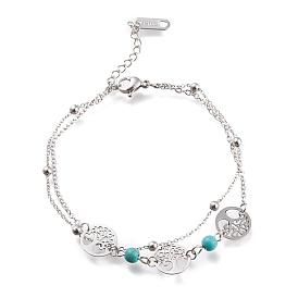 304 acier inoxydable bracelets multi-brins, avec des perles turquoises synthétiques et fermoirs pince de homard, rond et plat avec un arbre
