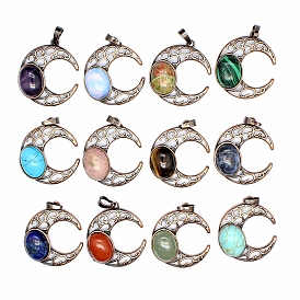 Ретро полые подвески из натуральных и синтетических драгоценных камней, луна подвески, с красной медной металлической фурнитурой