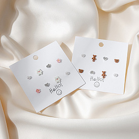 Sweet Pearl and Diamond Heart Earrings Set for Cartoon Rabbit and Bear, 4 Pairs.