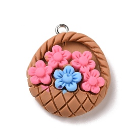 Opaque Resin Pendants, with Platinum Tone Iron Loops, Flower Basket