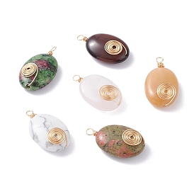 Pendentifs en pierre naturelle, avec du vrai fil de cuivre écologique plaqué or 18k, ovale