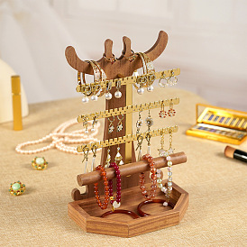 Christmas Deer Shaped Wooden Display Stands, Iron Jewelry Organizer with Tray, for Necklaces, Rings, Earrings and Pendants, Golden