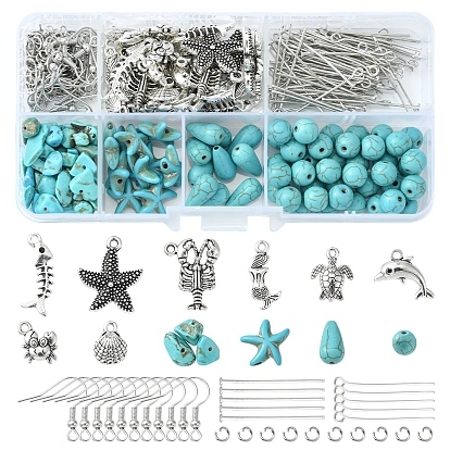 Kit de fabrication de boucles d'oreilles pendantes de style marin, inclure des crochets de boucle d'oreille en fer, étoile de mer turquoise synthétique & chips & perles en forme de larme, pendentifs en alliage de crabe et de dauphin et de sirène