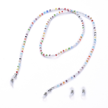 Cordon de lunettes, sangle porte-lunettes, avec des billes de verre plaquent, perles de rocaille en verre et extrémités de boucle en caoutchouc