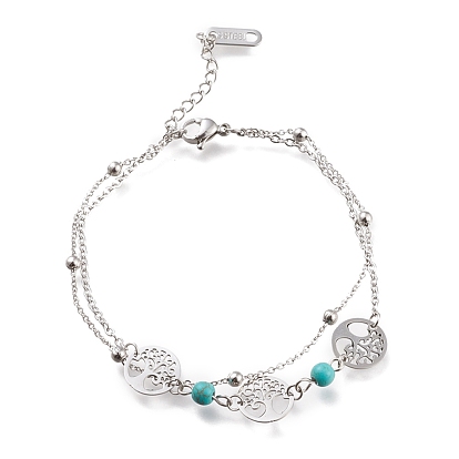 304 Stainless Steel Multi-strand Bracelets, with Synthetic Turquoise Beads and Lobster Claw Clasps, Flat Round with Tree