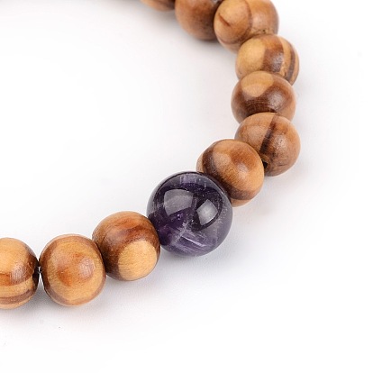 Wood Beaded Stretch Bracelets, with Natural Gemstone Beads, 53mm