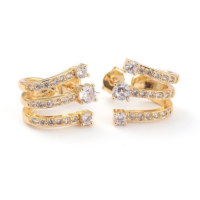 Brass Micro Pave Clear Cubic Zirconia Stud Earrings, Half Hoop Earrings, with Ear Nuts