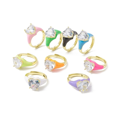 Anillo ajustable de corazón con circonita cúbica transparente y esmalte, joyas de latón chapado en oro real 18k para mujer, sin plomo y el cadmio