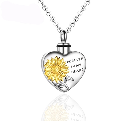 Heart with Sunflower Alloy Urn Ashes Necklaces Necklace, Memorial Word Necklace