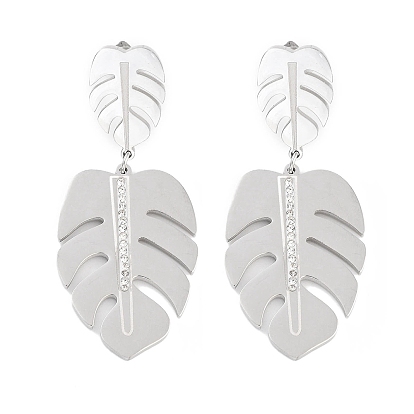 Monstera Leaf 304 Stainless Steel Dangle Earrings, Rhinestone Stud Earrings for Women