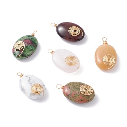 Pendentifs en pierre naturelle, avec du vrai fil de cuivre écologique plaqué or 18k, ovale