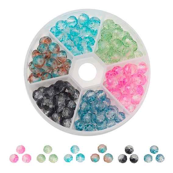 120 pcs 6 couleurs transparents peints à la bombe perles de verre craquelées brins, facette, rondelle