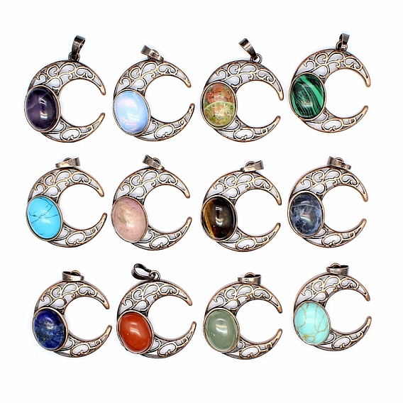 Ретро полые подвески из натуральных и синтетических драгоценных камней, луна подвески, с красной медной металлической фурнитурой