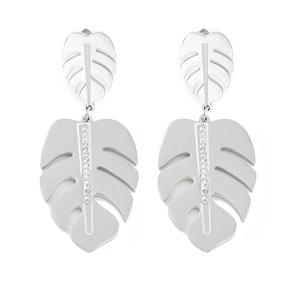 Monstera Leaf 304 Stainless Steel Dangle Earrings, Rhinestone Stud Earrings for Women