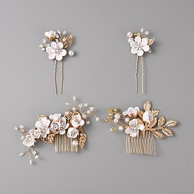 Wedding Bridal Alloy Rhinestone Hair Forks & Combs Set, with ABS Plastic Imitation Pearl, Hair Accessories for Women, Flower & Leaf