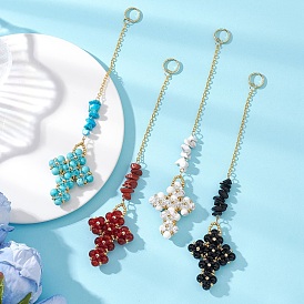 Подвески-кресты из бисера и крошки драгоценных камней, с латунными плоскими овальными тросовыми цепями