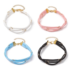 4Pcs 4 Colors Faux Suede Cord Multi-strand Bracelets with 304 Stainless Steel Rings for Women