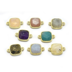 Natural Gemstone Links/Connectors, with Golden Tone Brass Findings, Square, Faceted