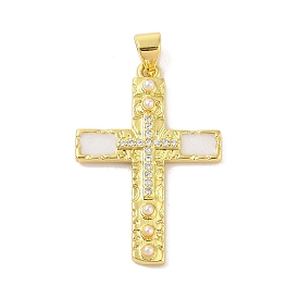 Rack Plating Brass Clear Cubic Zirconia ABS Pearl Enamel Pendants, Cadmium Free & Lead Free, Long-Lasting Plated, Cross