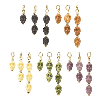 Halloween Handmade Porcelain & Electroplate Non-magnetic Synthetic Hematite Pendants, with 304 Stainless Steel Open Jump Rings, Skull Charms, Golden