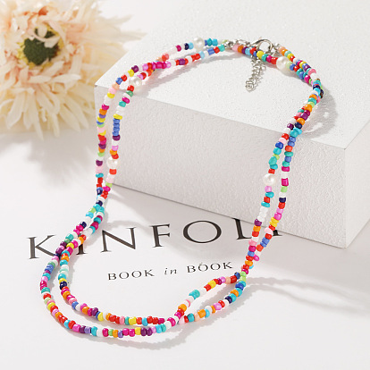 Bohemian Short Beaded Choker Necklace with Colorful Seed Beads and Double Layers for Women