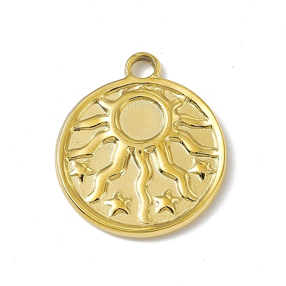 304 Stainless Steel Pendant Cabochon Settings, Flat Round with Sun