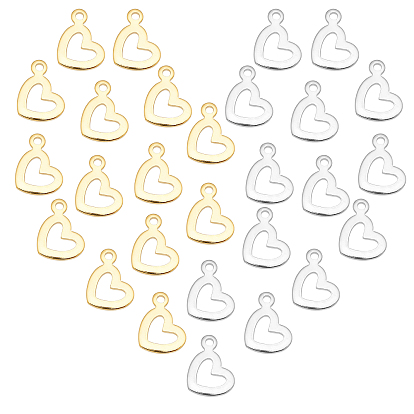 60Pcs 2 Style 304 Stainless Steel Open Heart Pendants, Hollow