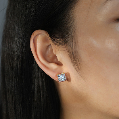 925 Sterling Silver Micro Pave Clear Cubic Zirconia Stud Earrings, Square