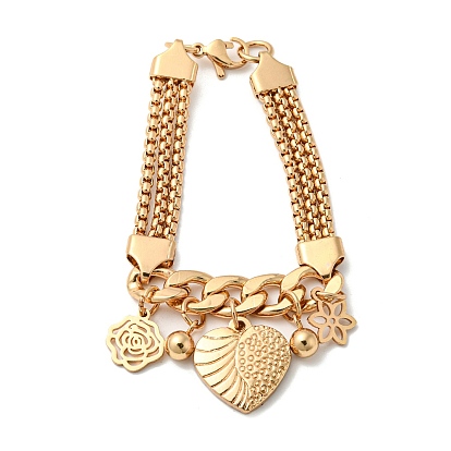 201 Stainless Steel Triple Layered Multi-strand Bracelet, 304 Stainless Steel Clasps , Flower Charm Bracelet for Women