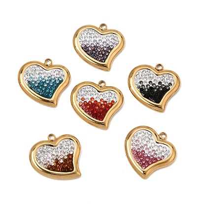 Pendentifs en acier inoxydable et pâte polymère sertis de strass, couleur dégradée, charmes de coeur, placage ionique (ip), plaqué longue durée, réel 304 k plaqué or