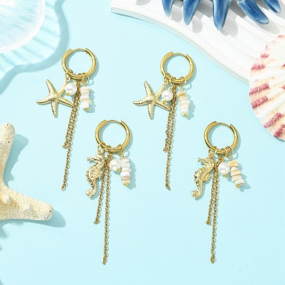 2 Стиль 304 Серьги-кольца из нержавеющей стали и ракушек, морской конек и морская звезда, цепочка-оберег