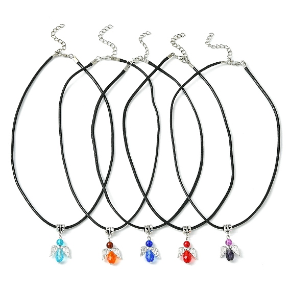 Angel Shape Alloy with Glass Pendant Necklaces, with Imitation Leather Cords