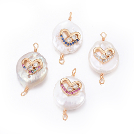 Natural Pearl Links Connectors, with Brass Cubic Zirconia Findings, Nuggets with Heart, Golden