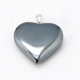 Magnetic Synthetic Hematite Pendants, with Iron Pinch Bail, Heart, Black, 20x20x5mm, Hole: 2x5mm
