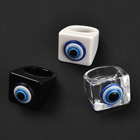 Transparent Acrylic Finger Rings, Square with Resin Evil Eye
