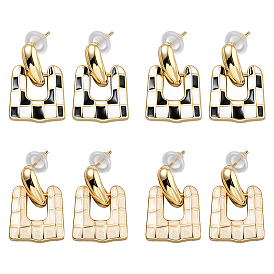 4 пары 2 цвета сплава эмаль висячие серьги-гвоздики, прямоугольник с рисунком тартана, золотые