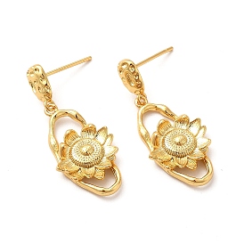 Rack Plating Brass Ear Studs, Long-Lasting Plated Oval with Lotus Jewelry for Women, Cadmium Free & Lead Free