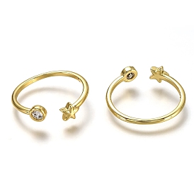 Brass Micro Pave Clear Cubic Zirconia Cuff Rings, Open Rings, Long-Lasting Plated, Flat Round and Star