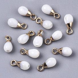 Natural Freshwater Shell Charms, with Light Gold Plated Brass Loop and Half Drilled Hole, Teardrop