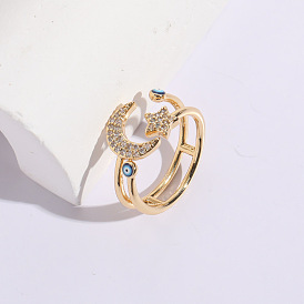 Vintage Geometric Star Moon Evil Eye Ring with CZ Stones for Fashionable Look