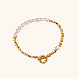 Bracelet chic en perles d'eau douce en acier inoxydable plaqué or avec corde torsadée tissée - bijoux artisanaux de luxe pour femmes