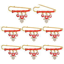 8pcs broches en acier inoxydable, Hamsa main avec le mauvais œil, avec des breloques en laiton et alliage émaillé et un cordon en polyester